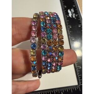 Multicolor Rhinestone Wrap Bracelet Silver Tone 5 Row Coil Memory Wire Cuff